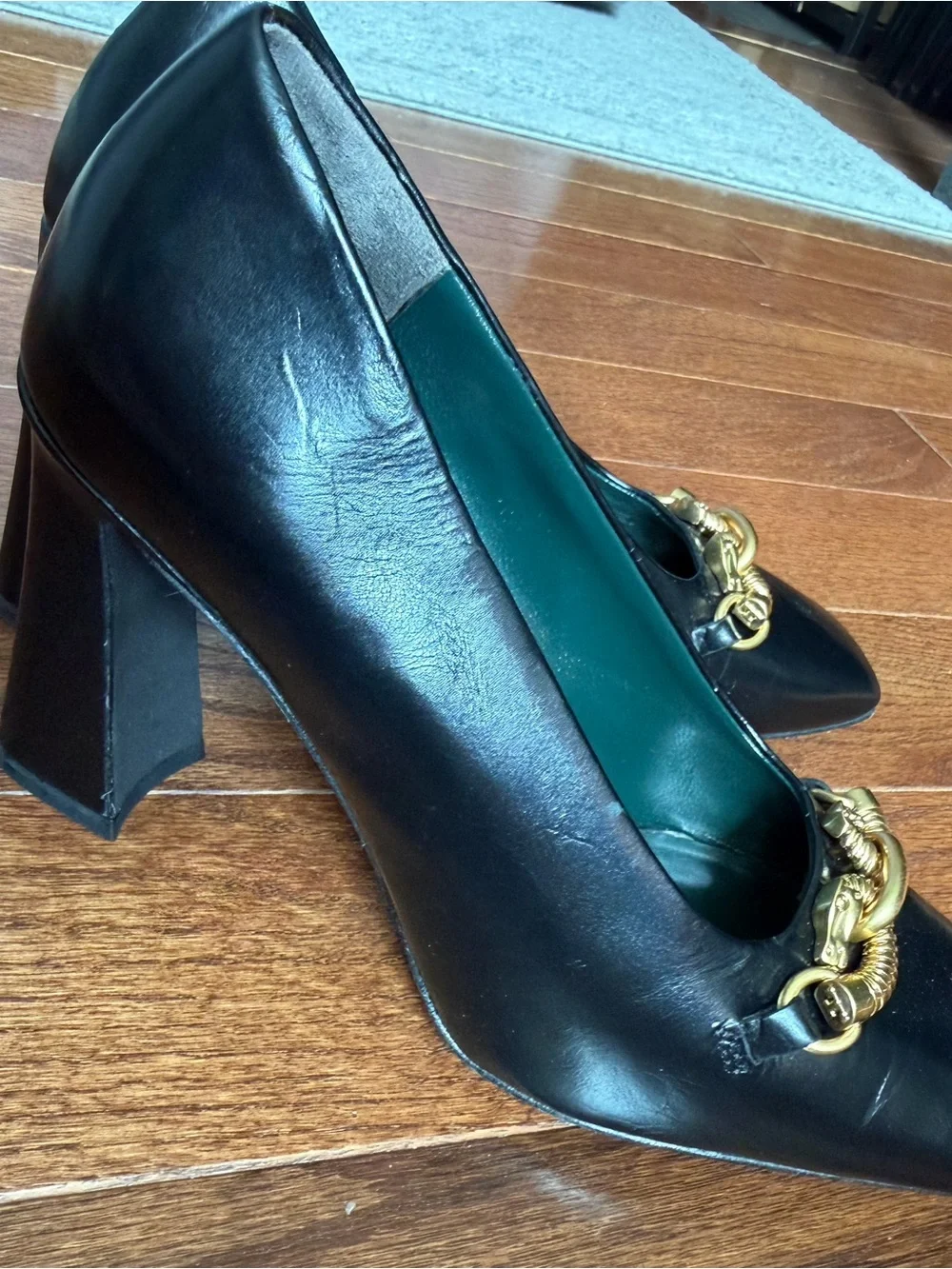 Tory Burch Jessa Black Leather Horse Head Block Heel Pump - Size 6.5